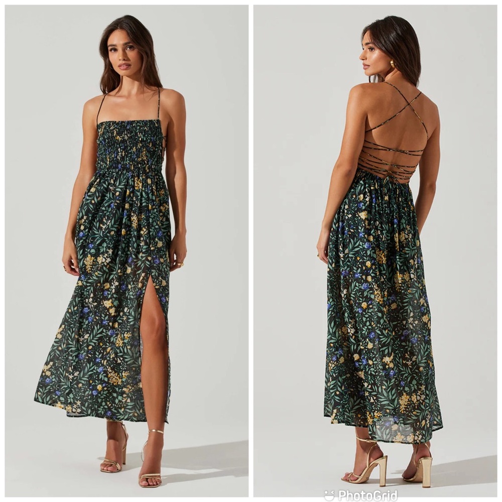 ASTR the Label‎ Stasia Black Floral Smocked Maxi Dress Strappy Open Back Medium